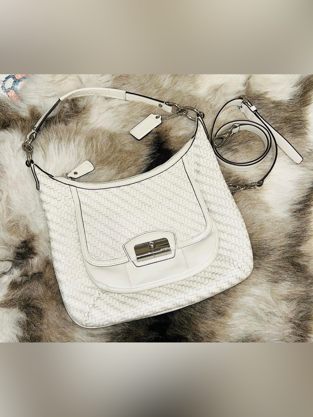 Coach Soho Y2K White Woven Leather Convertible Shoulder Crossbody Bag